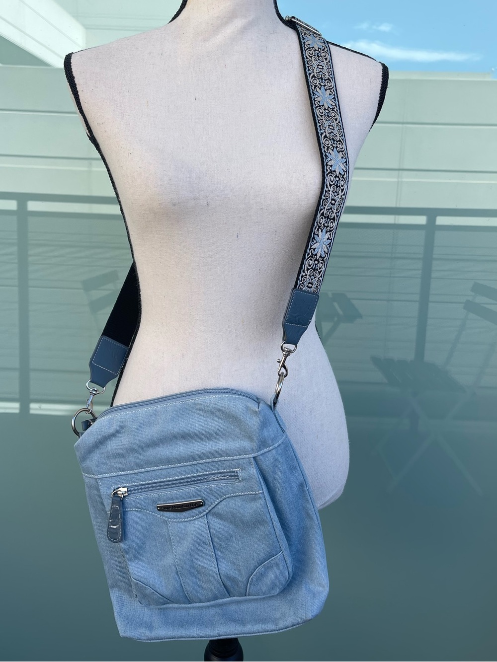 Stone Mountain Denim Crossbody Bag with Embroidered Strap New